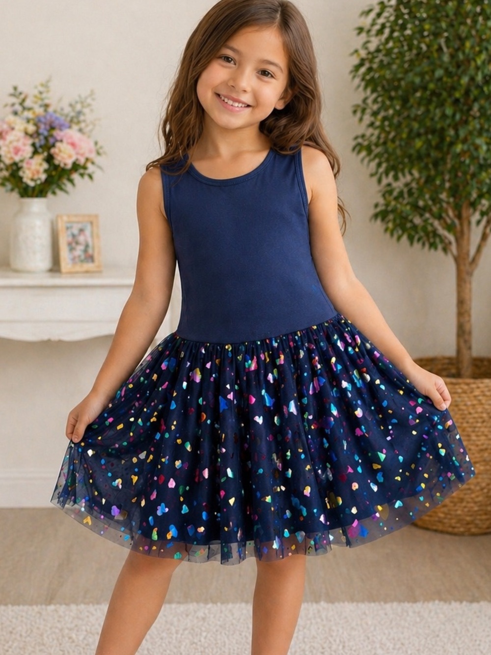 Truly Me Girls Tulle Dress Size 6X Navy Rainbow Heart Skirt Sleeveless Party